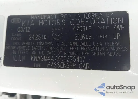 2012 Kia Optima Lx z USA, uszkodzony, nr VIN KNAGM4A7XC5275417